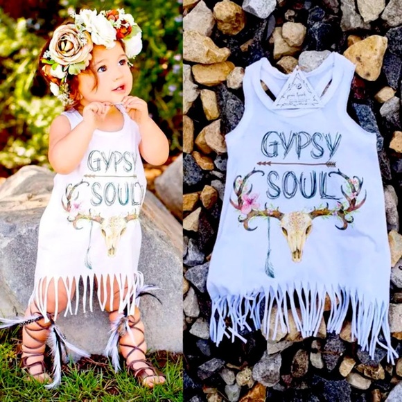 COPY - Toddler “Gypsy Soul” Longhorn print, fringed tank/tee dress 12m 24m 3t - Picture 2 of 3